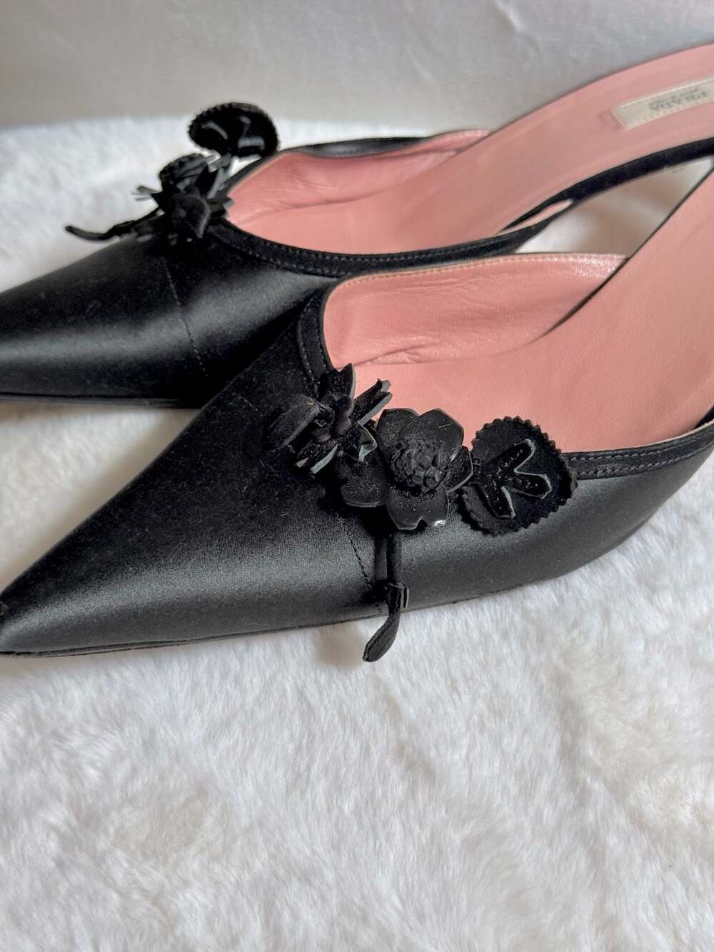 Prada Vintage Black Satin and Suede Kitten Heel Mules with Floral Accents - Picture 3 of 7